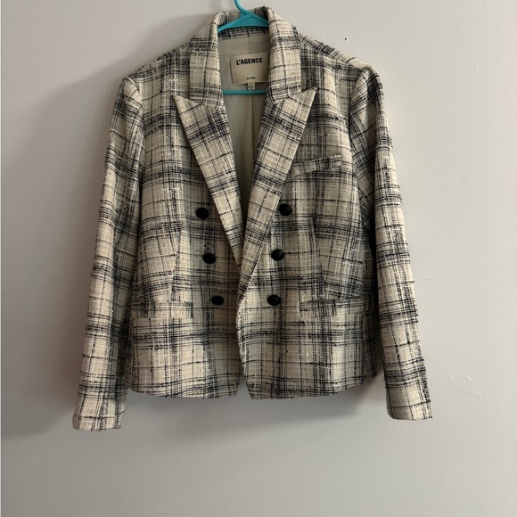 L'AGENCE Women's Black and Cream Plaid Blazer - SHOULDER PADS REMOVED - Picture 1 of 6